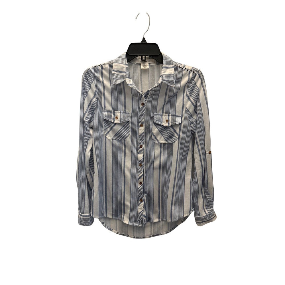 Passport Blue White Striped Button Down Shirt Crochet Detail Roll Tab Sleeve M